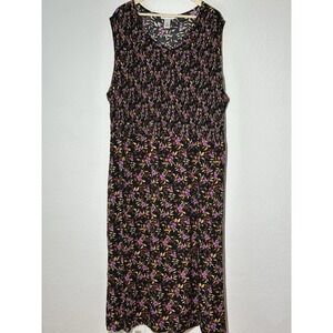 ANNA MAXWELL‎ Size 32W Black Purple Floral Smocked Maxi Dress Button Detail